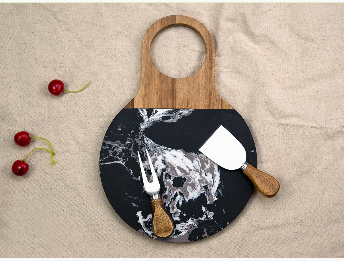 Round Acacia Wood & Marble Cheese Board – Modern Paddle Serving Tray (2 Sizes)